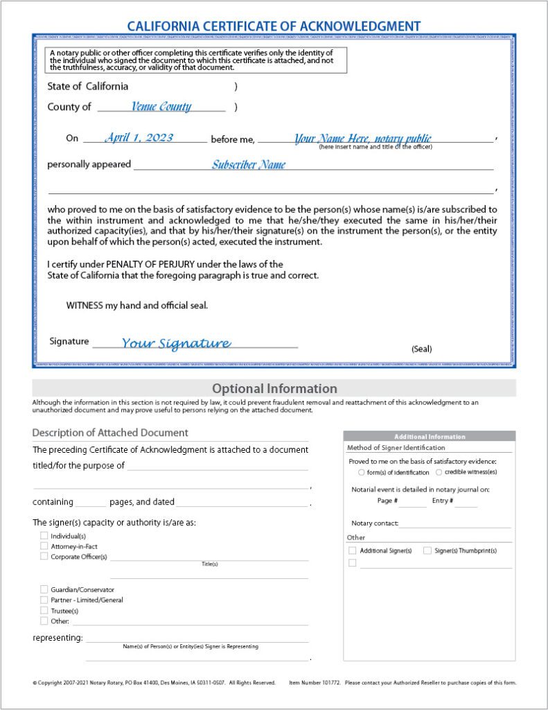 secretary of state california notary acknowledgment